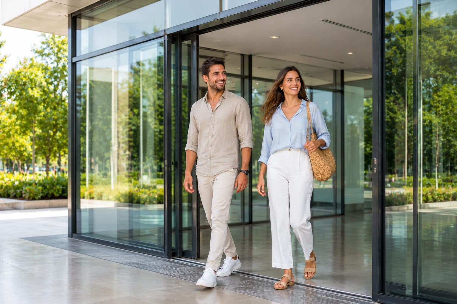 Two people walking out through an open automatic glass sliding door at a modern commercial entrance
