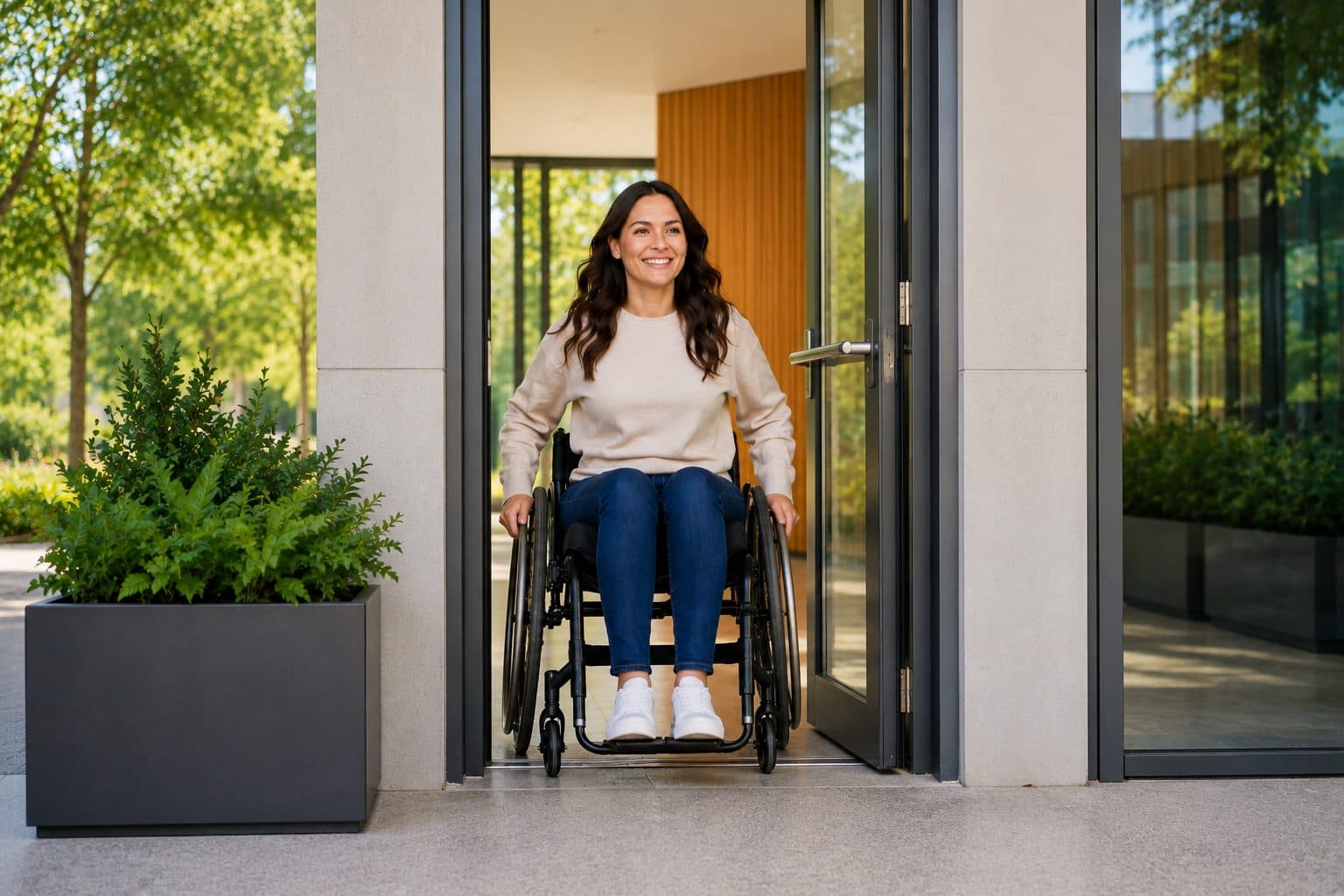 Smiling wheelchair user moving independently through an open automatic glass door at a modern building entrance