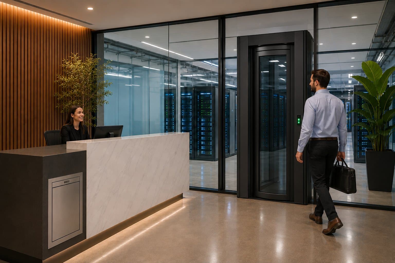 Visitor approaching a security portal at a data centre reception, with server racks visible through the glazed wall beyond