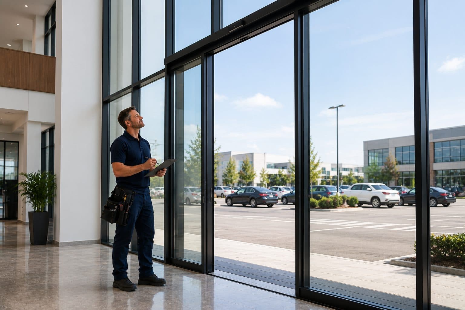IQP inspector checking an automatic glass sliding door with a clipboard at a commercial building entrance