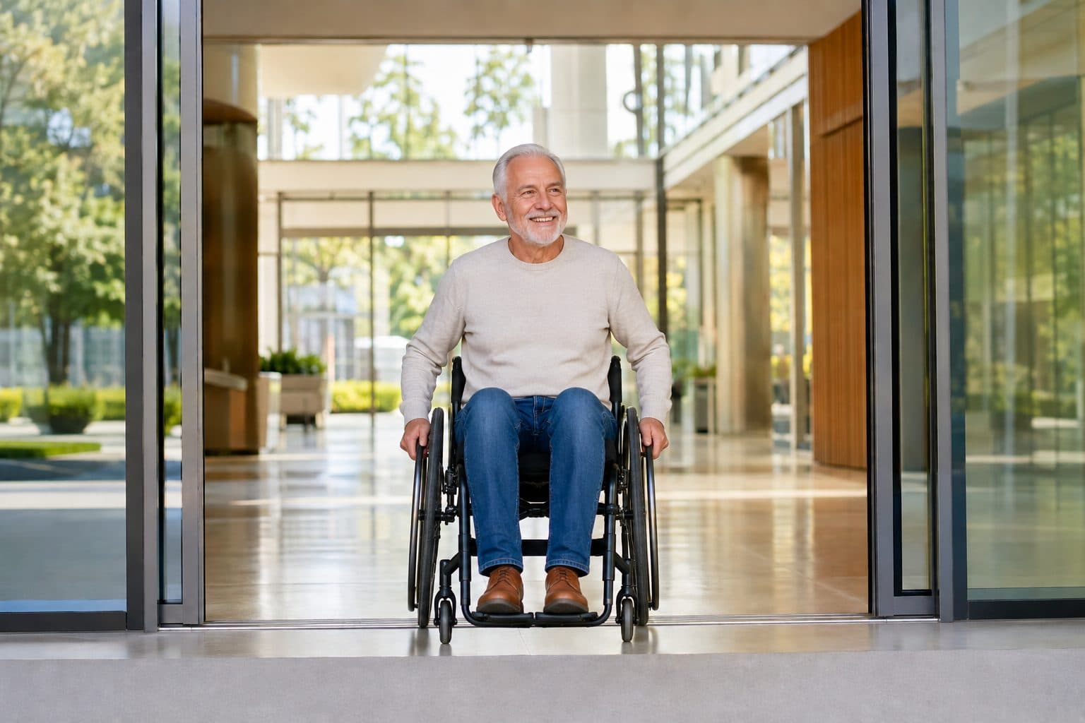 Smiling older man in a wheelchair moving independently through an open automatic glass door into a bright modern lobby