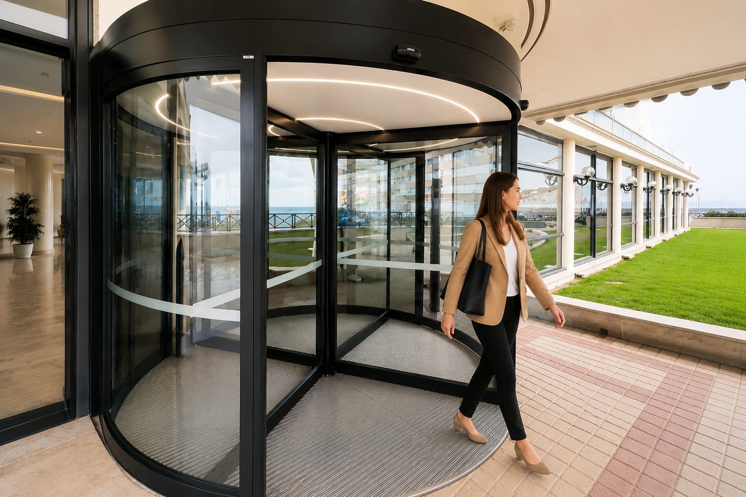 Woman stepping out through a three-wing automatic revolving door onto a sunlit terrace