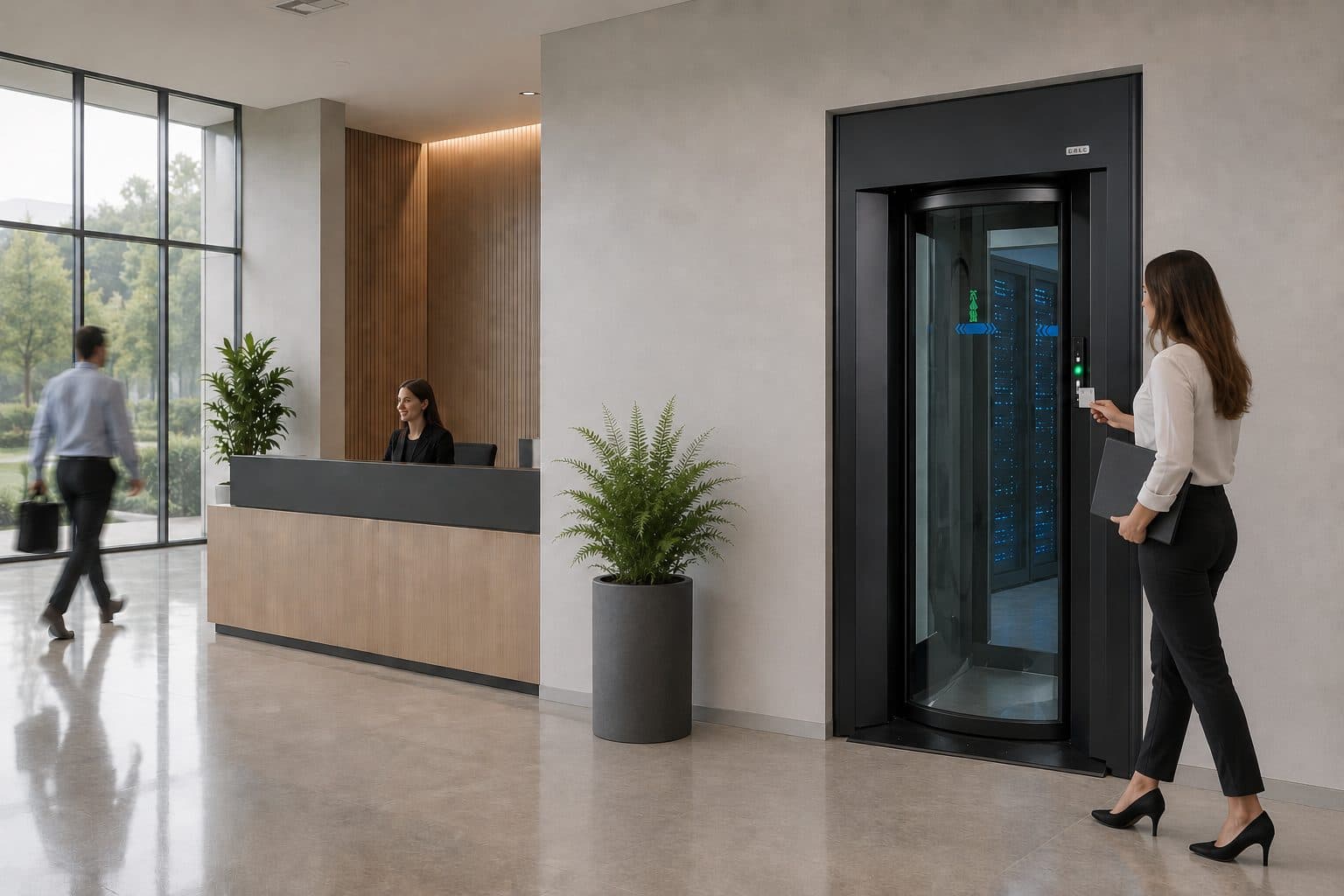 Security portal set into a wall as the controlled access point between a reception lobby and a data centre