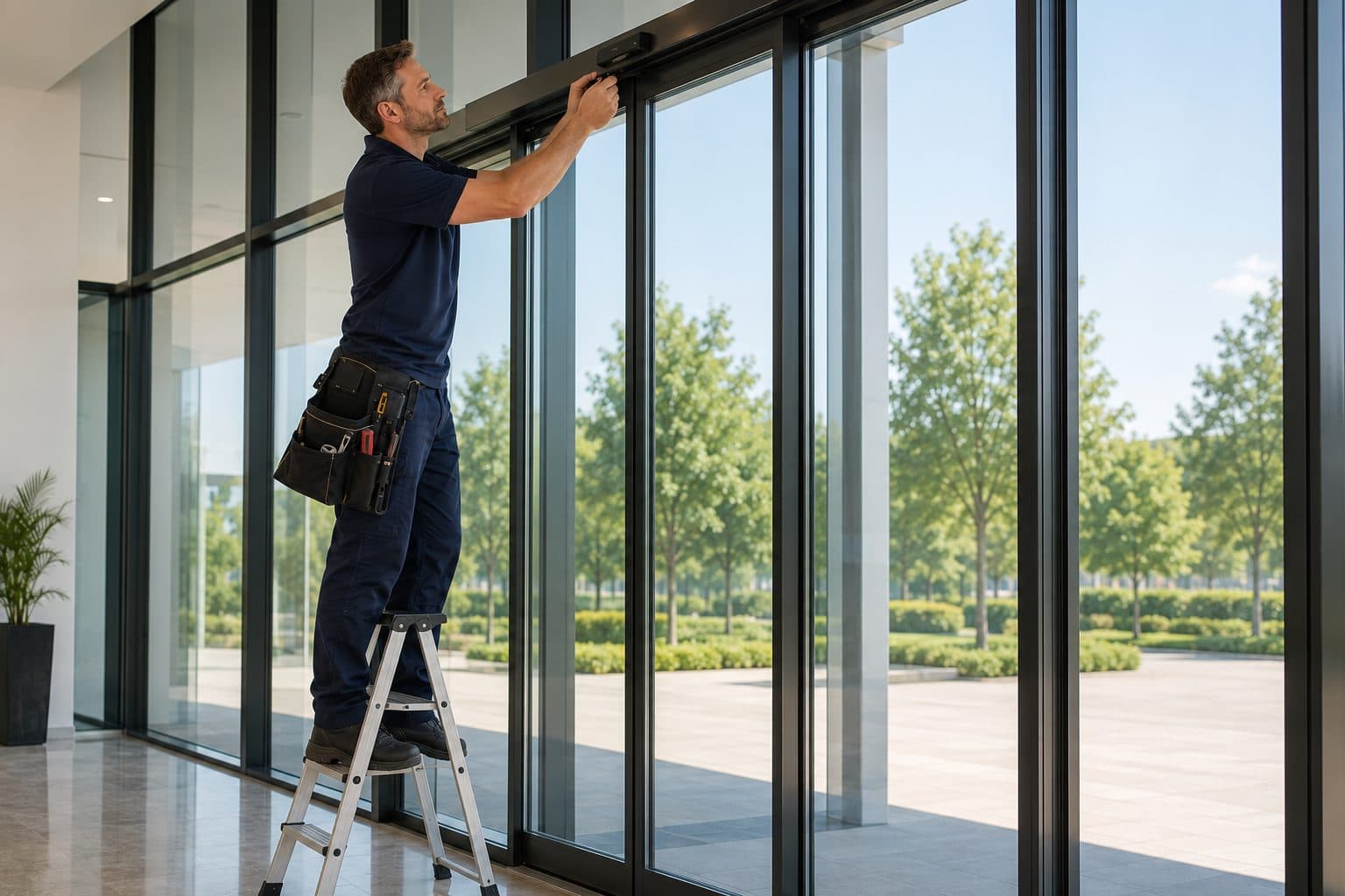 Service technician working on the overhead operator of an automatic glass sliding door at a modern commercial entrance
