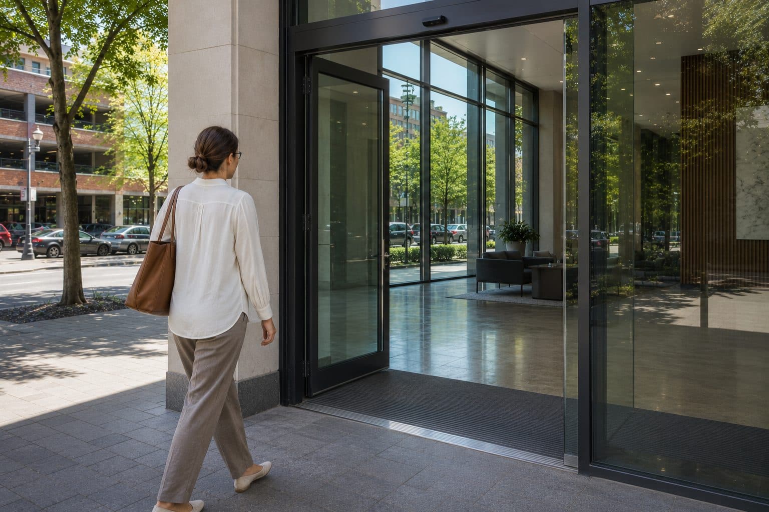 Woman approaching an automatic swing glass door at a modern commercial building entrance