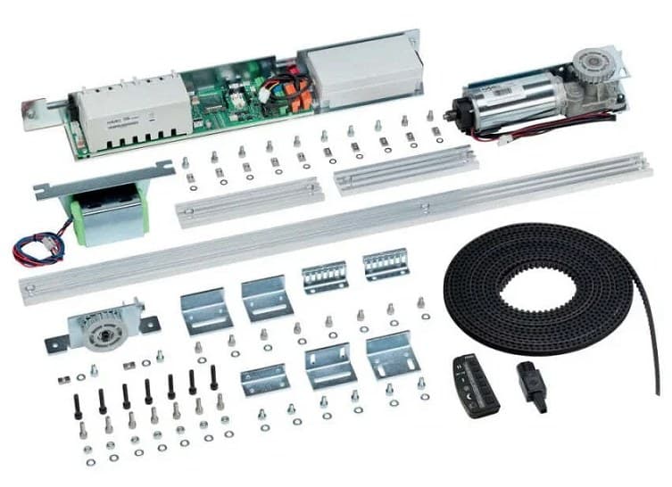 FAAC RKU 1400 retrofit upgrade kit — drive, controller, sensors, track, belt and fixings for an automatic sliding door